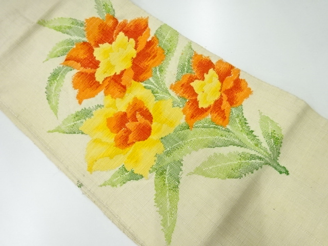 アンティーク　手織り真綿紬草花模様織り出し名古屋帯